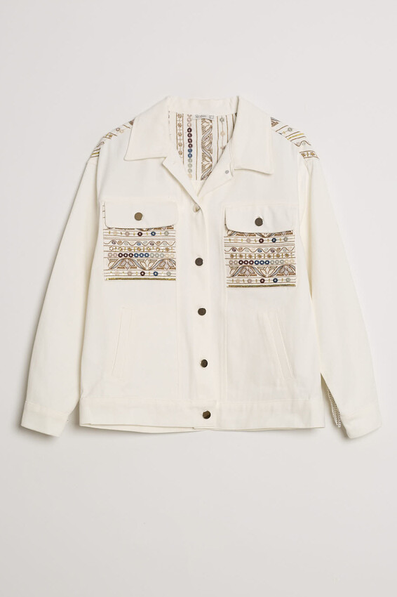 Saçaklı Taş İşlemeli Beyaz Denim Mont - Ekru - 6