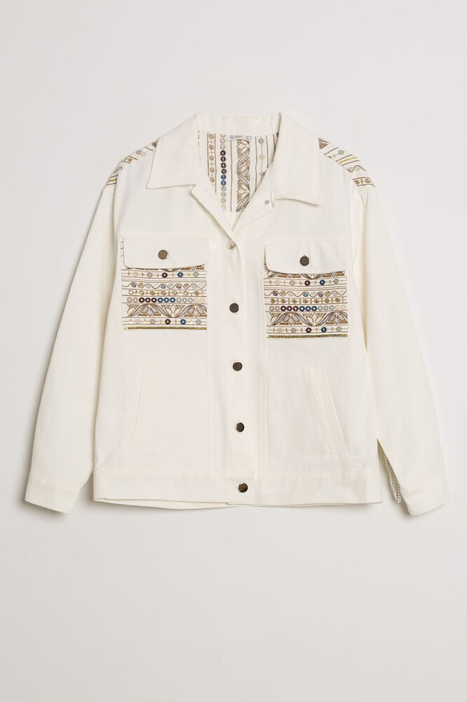 Saçaklı Taş İşlemeli Beyaz Denim Mont - Ekru - 6