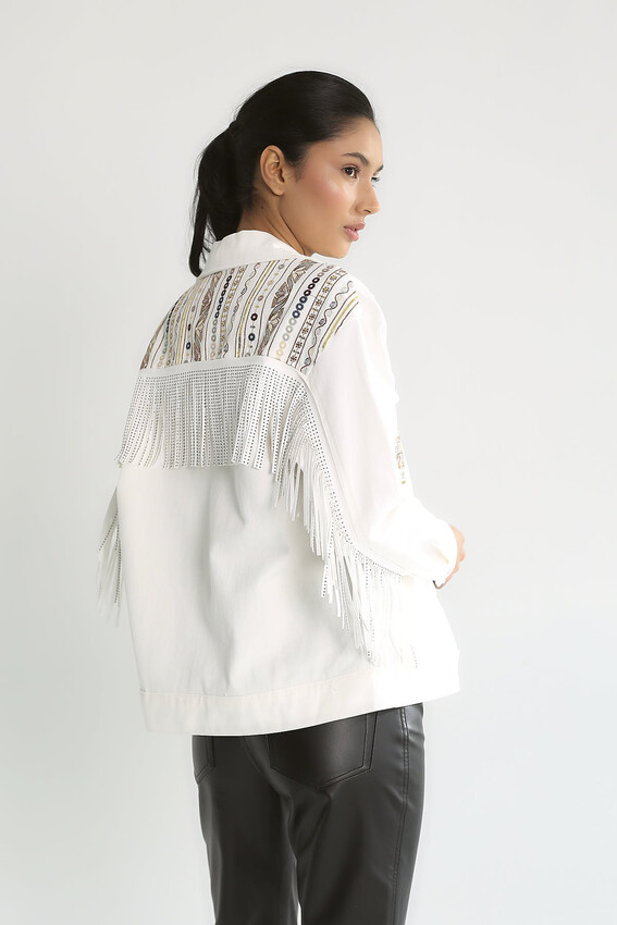 Saçaklı Taş İşlemeli Beyaz Denim Mont - Ekru - 4