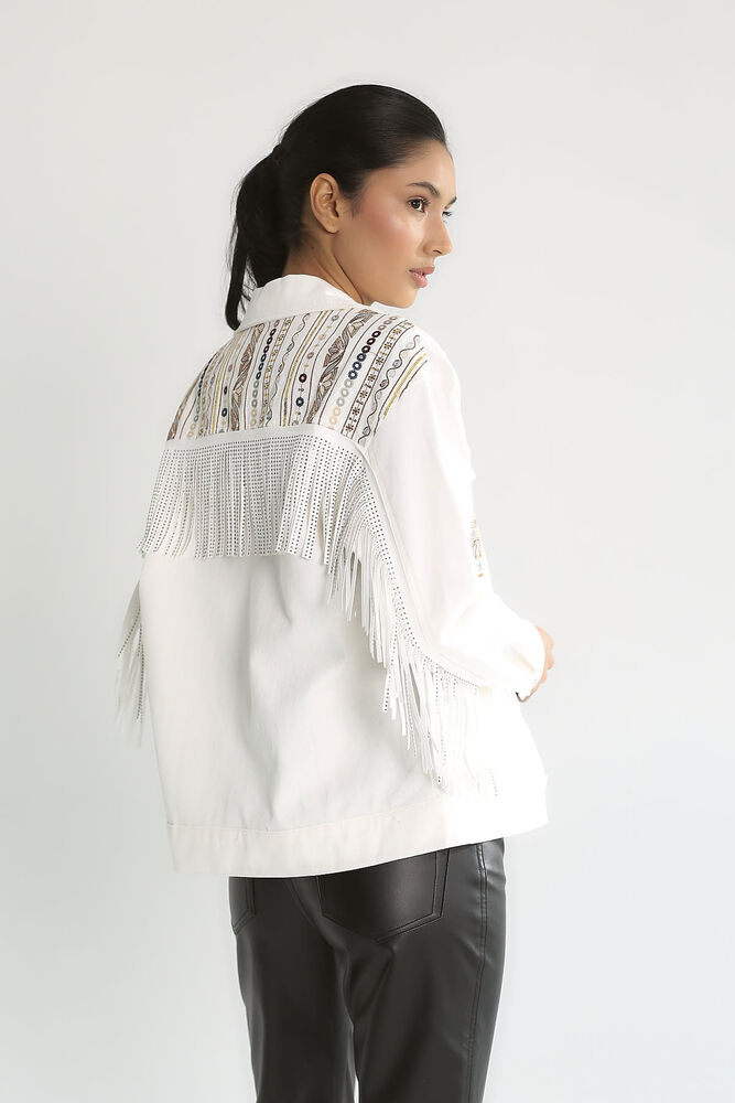 Saçaklı Taş İşlemeli Beyaz Denim Mont - Ekru - 4