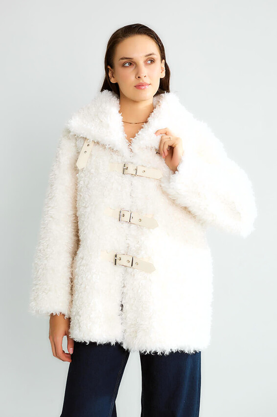 Peluş Tokalı Oversize Mont - Ekru