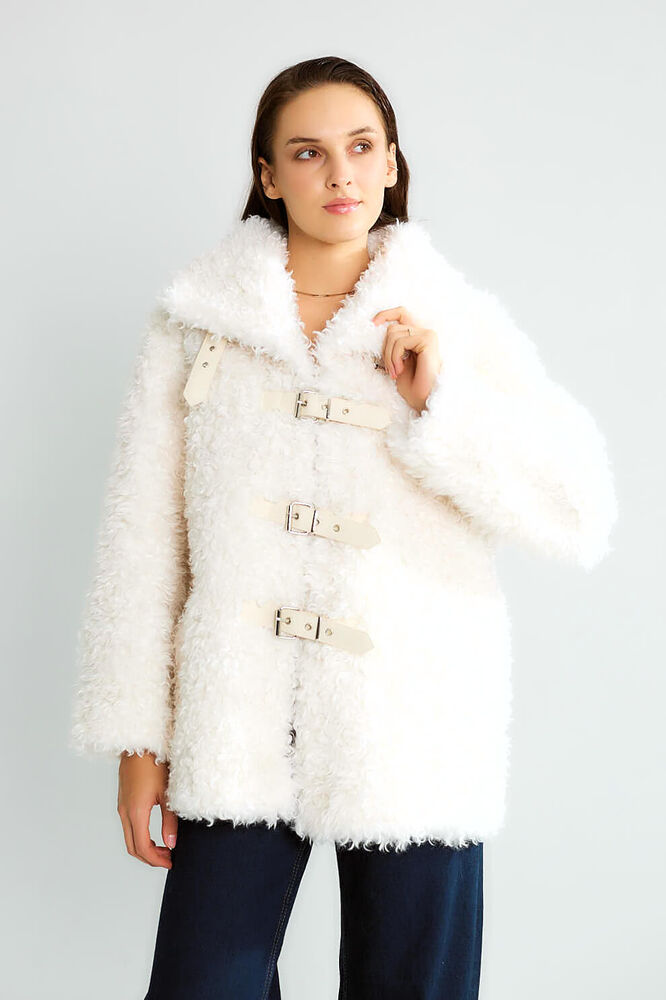 Peluş Tokalı Oversize Mont - Ekru - 1