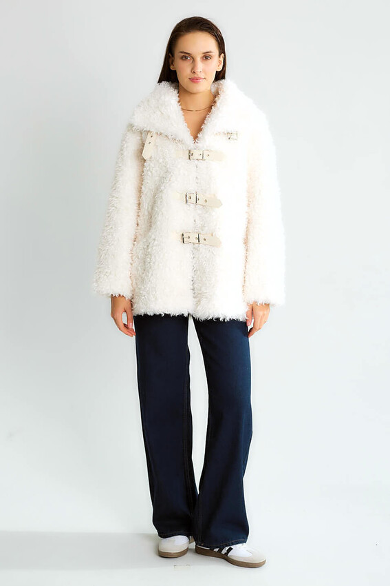 Peluş Tokalı Oversize Mont - Ekru - 2