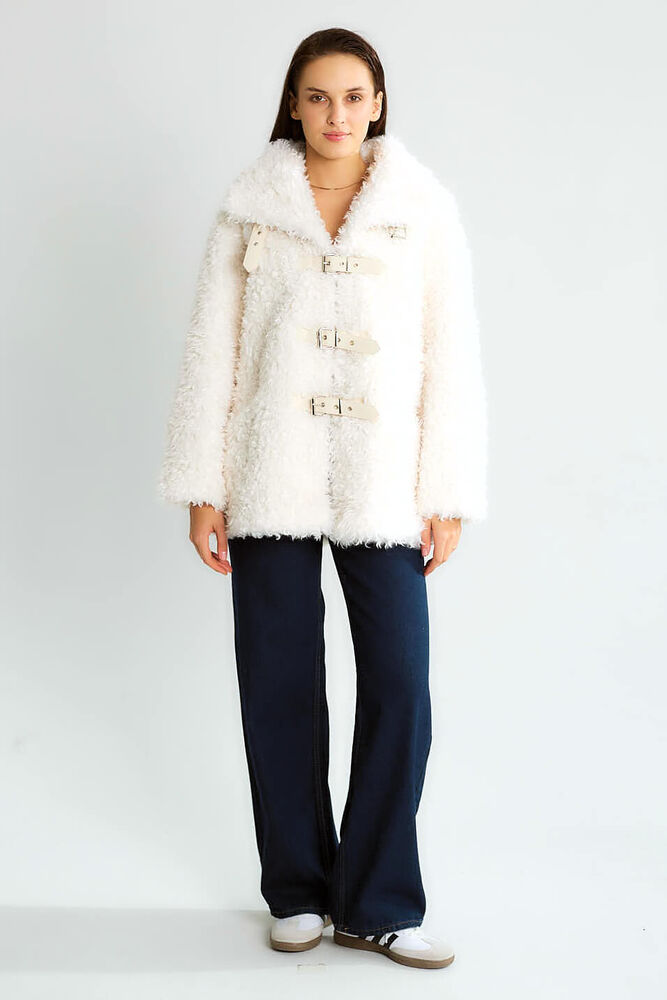 Peluş Tokalı Oversize Mont - Ekru - 2