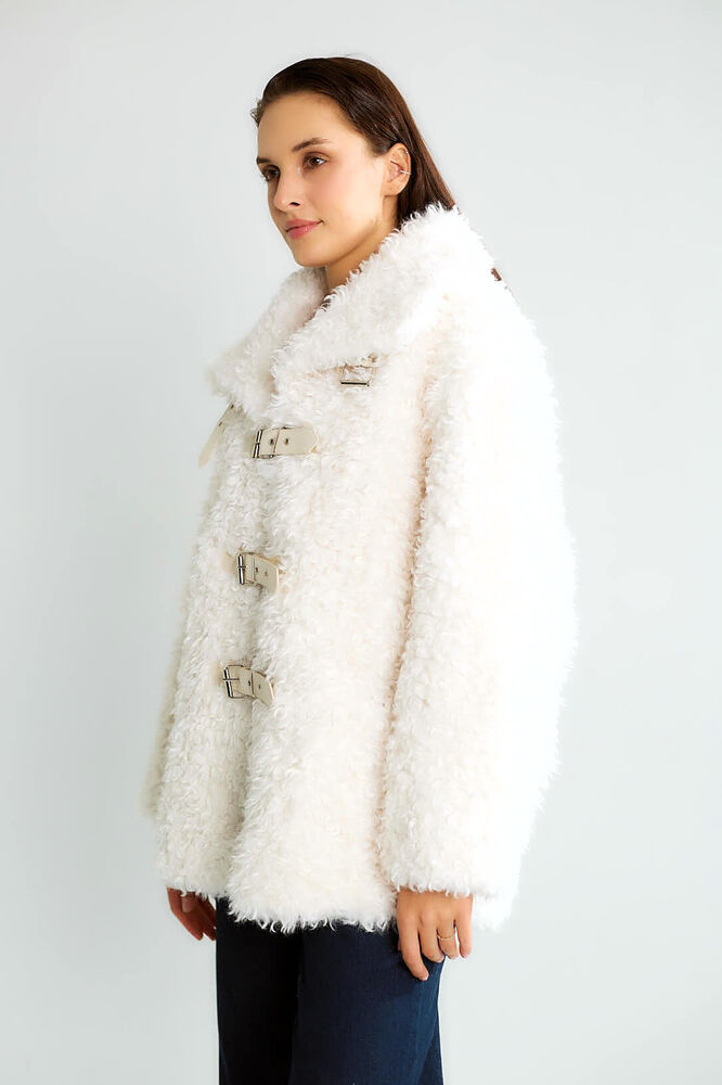 Peluş Tokalı Oversize Mont - Ekru - 3