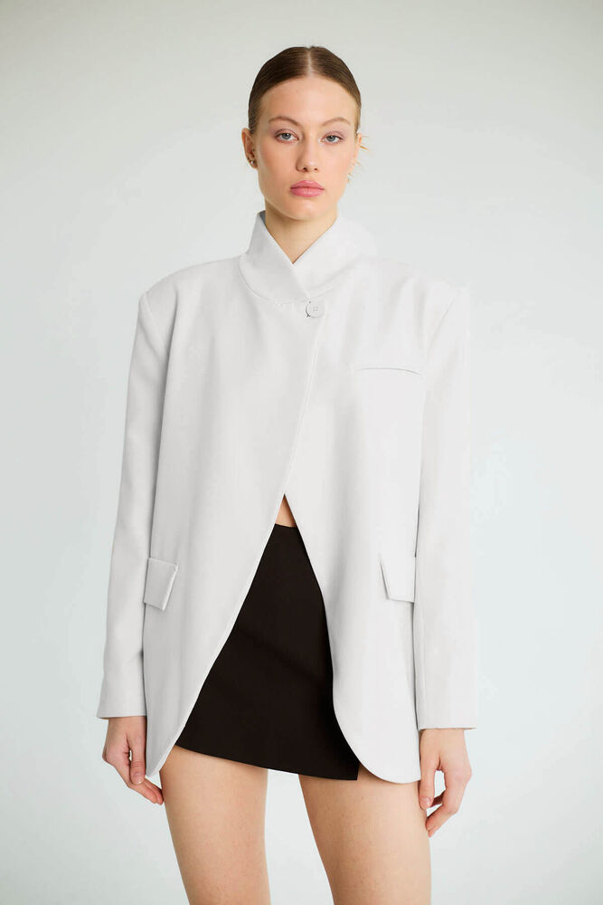 Dik Yaka Asimetrik Oversize Blazer - Ekru - 1