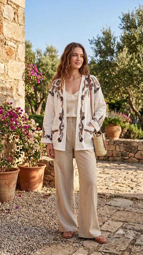 Nakışlı Uzun Kollu Açık Kimono - Ekru - 1