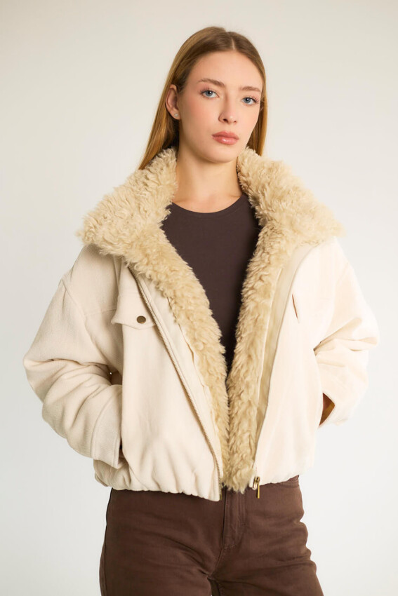 Peluş Yakalı Cepli Kısa Mont - Ekru - 2