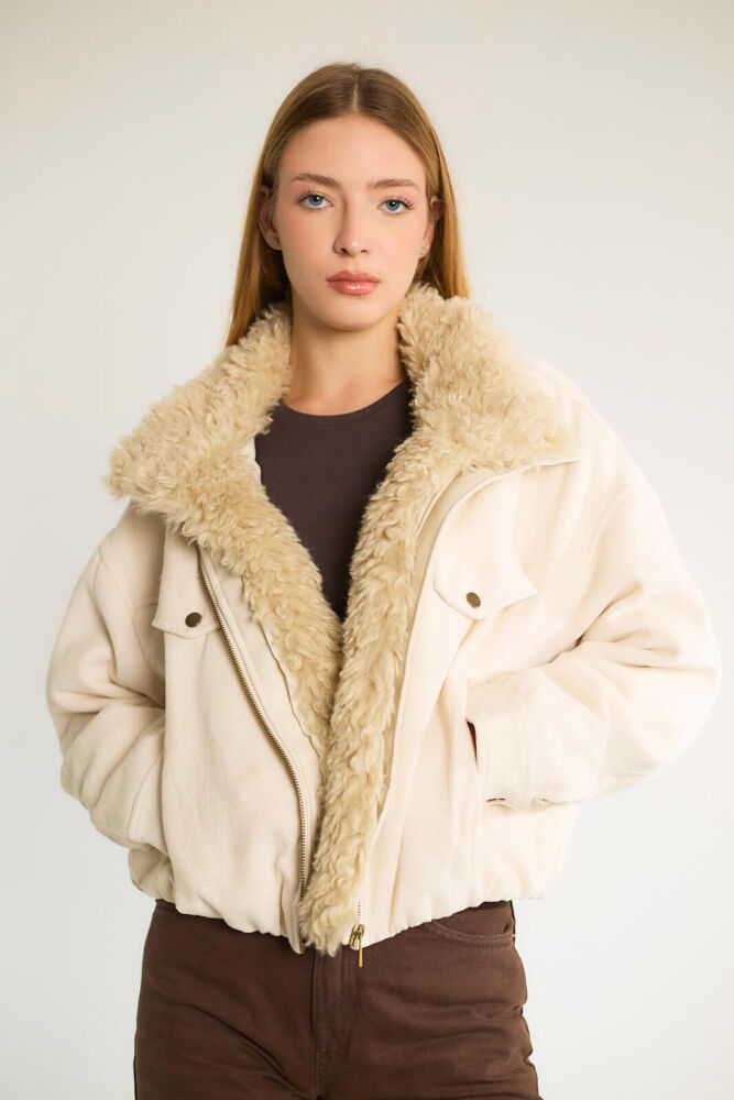 Peluş Yakalı Cepli Kısa Mont - Ekru - 3