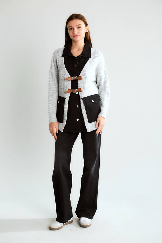 Denim Detaylı Tokalı Topuz Örgülü Örgü Hırka - Gri - 3
