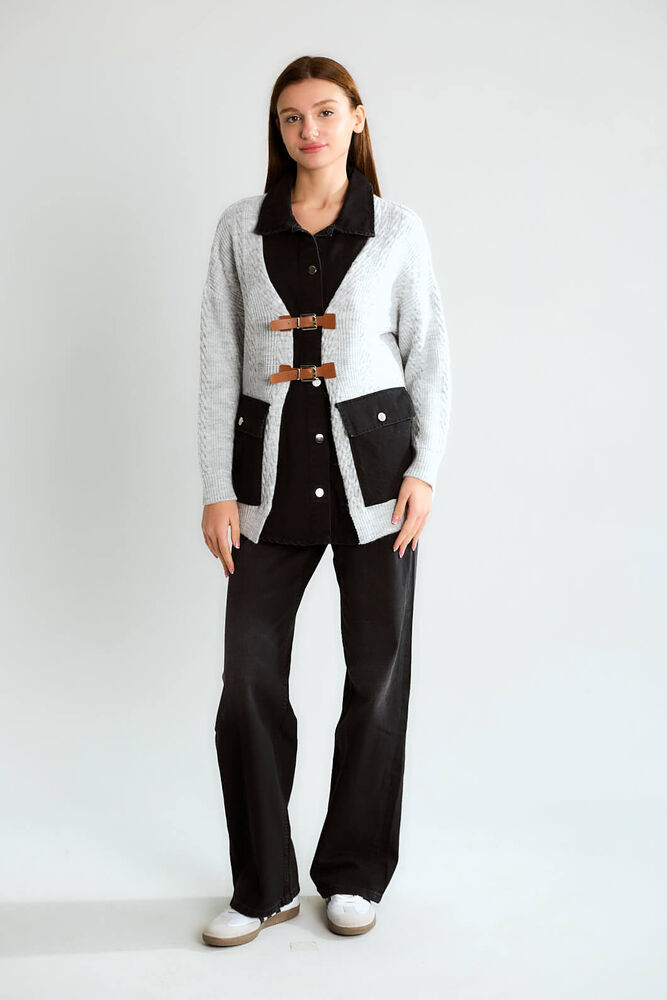 Denim Detaylı Tokalı Topuz Örgülü Örgü Hırka - Gri - 3