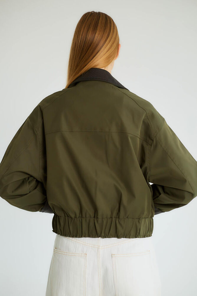 Yaka Detaylı Fermuarlı Bomber - Haki - 5