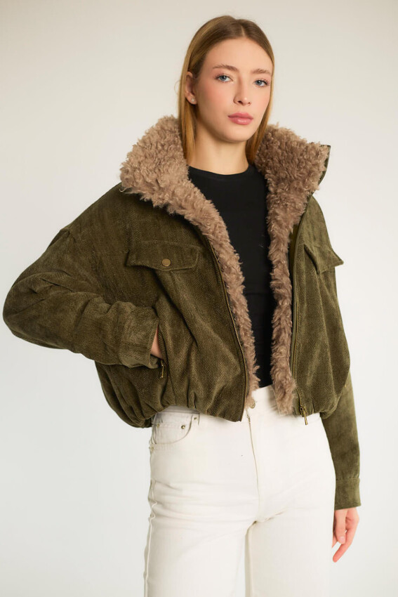 Peluş Yakalı Cepli Kısa Mont - Haki