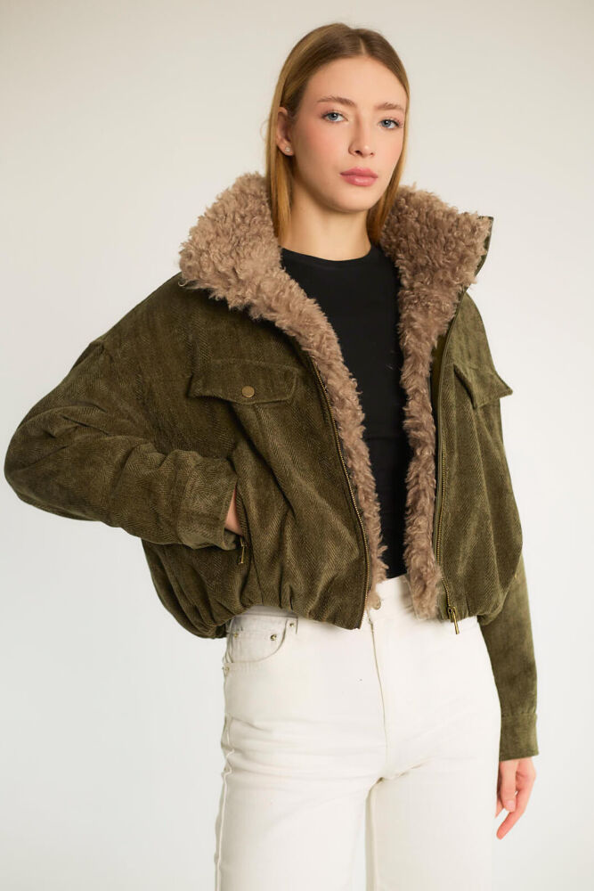 Peluş Yakalı Cepli Kısa Mont - Haki - 1