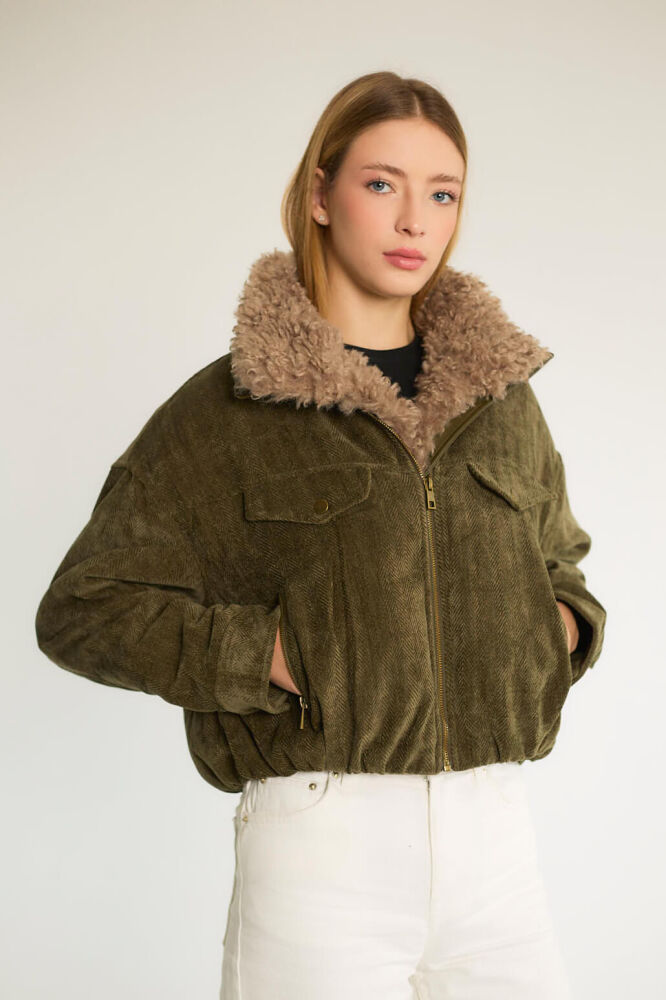 Peluş Yakalı Cepli Kısa Mont - Haki - 2