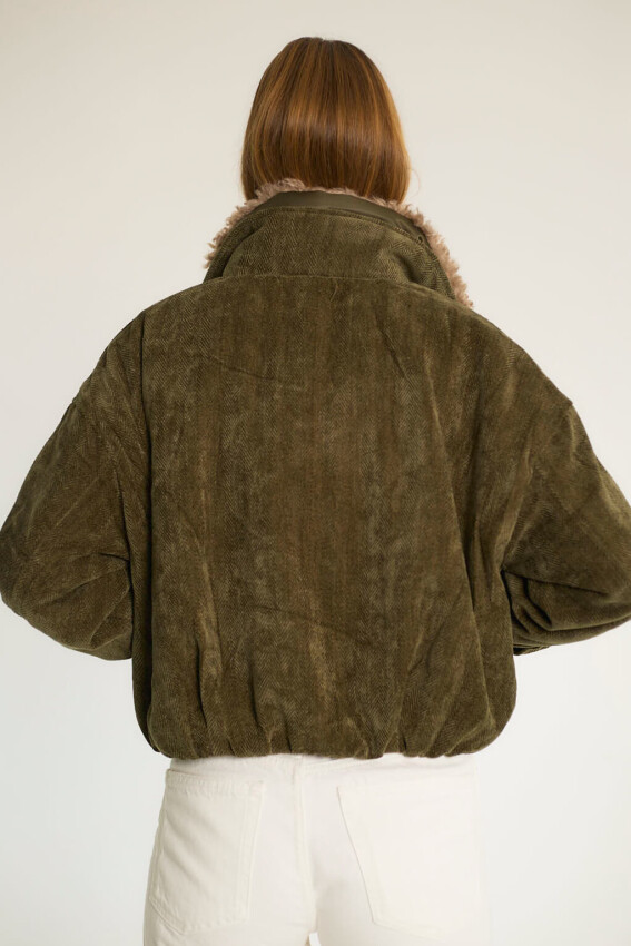 Peluş Yakalı Cepli Kısa Mont - Haki - 5