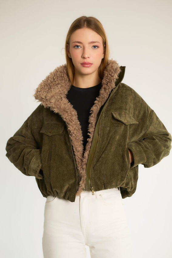 Peluş Yakalı Cepli Kısa Mont - Haki - 4