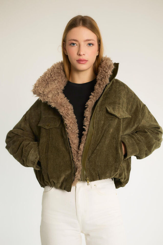 Peluş Yakalı Cepli Kısa Mont - Haki - 4