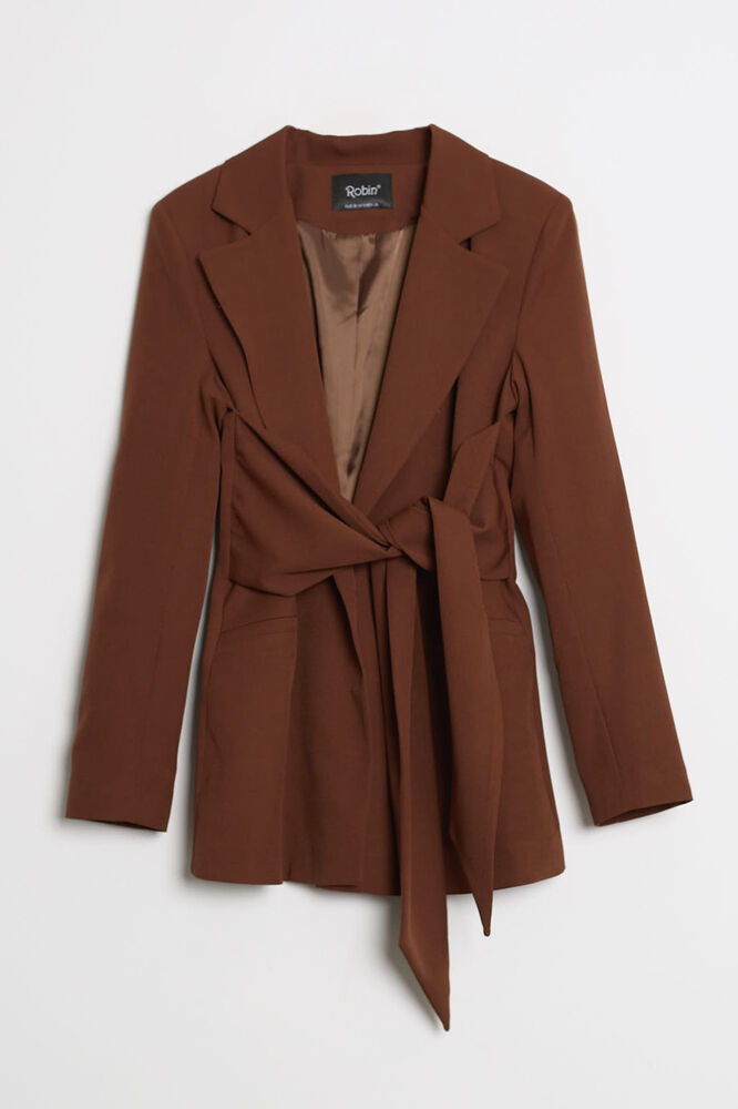 Kuşak Detaylı Kruvaze Yaka Blazer - Kahve - 1