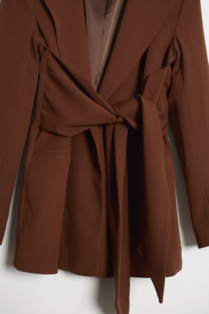 Kuşak Detaylı Kruvaze Yaka Blazer - Kahve - 2