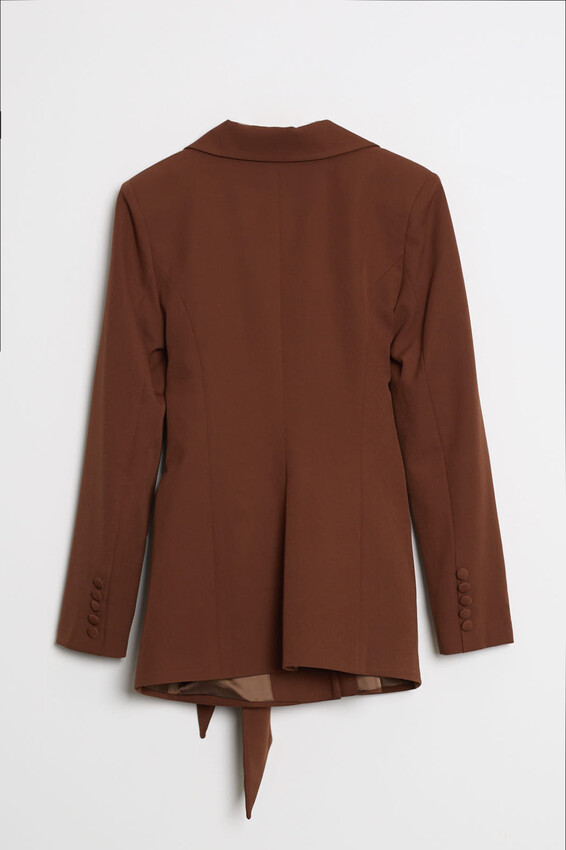Kuşak Detaylı Kruvaze Yaka Blazer - Kahve - 3