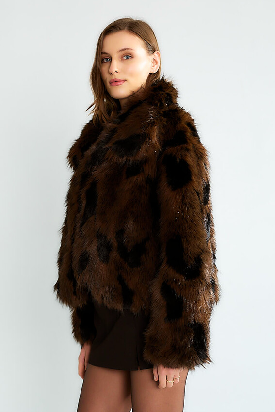 Leopar Desenli Kürk Dokulu Kısa Mont - Kahve - 2