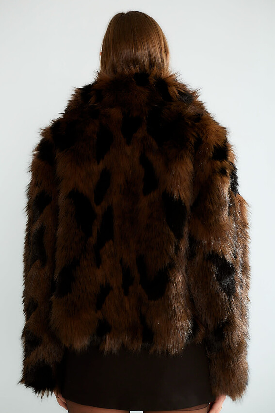 Leopar Desenli Kürk Dokulu Kısa Mont - Kahve - 4