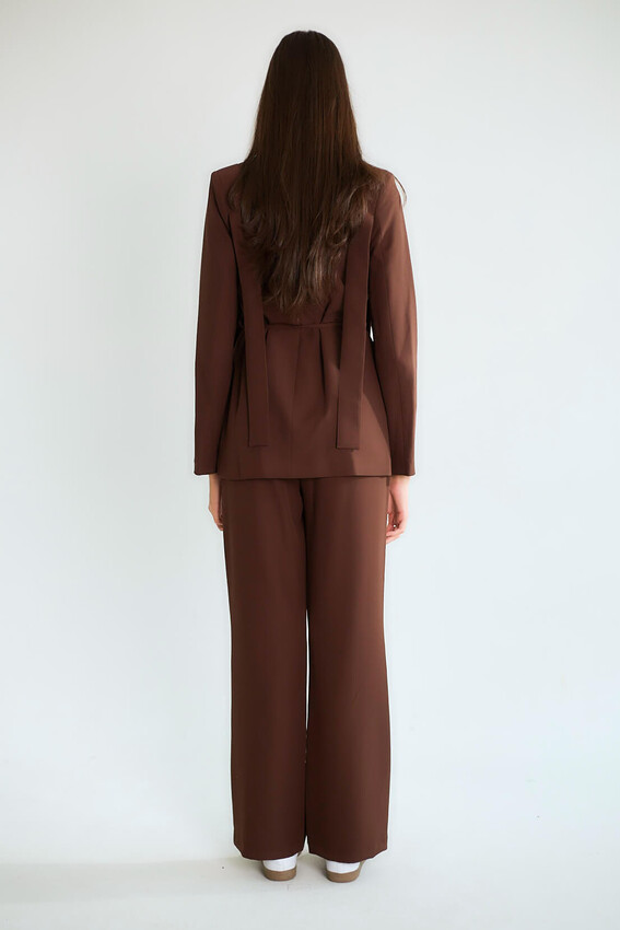 Bağcıklı Kemerli Kruvaze Blazer Ceketli Pantolonlu Takım - Kahve - 3