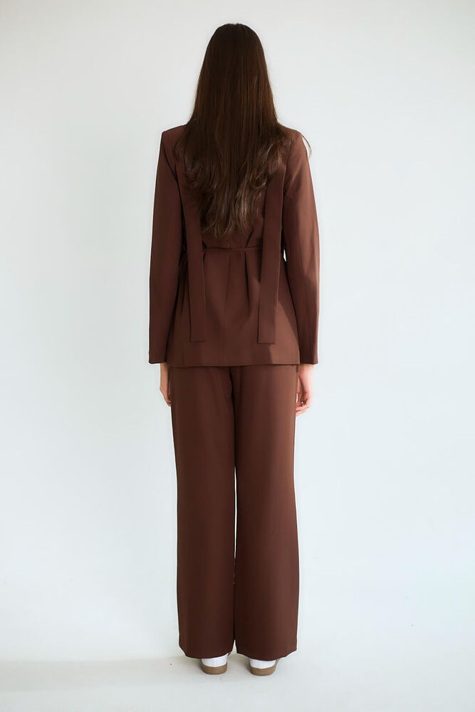 Bağcıklı Kemerli Kruvaze Blazer Ceketli Pantolonlu Takım - Kahve - 3