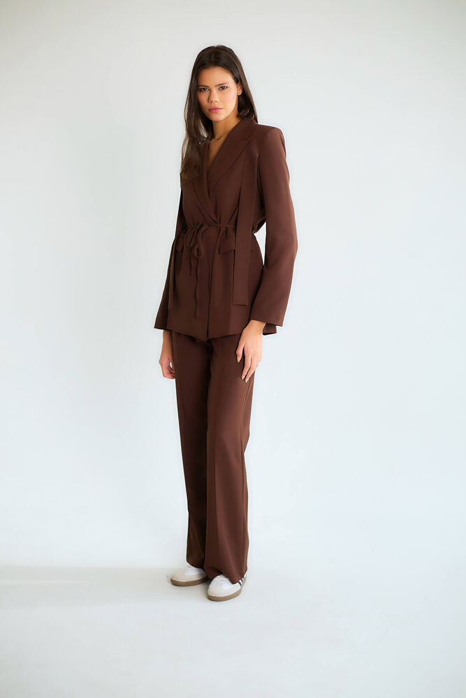 Bağcıklı Kemerli Kruvaze Blazer Ceketli Pantolonlu Takım - Kahve - 2