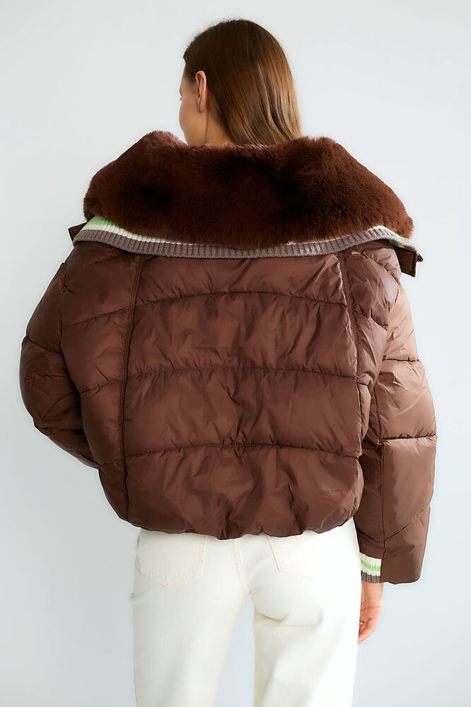 Kürk Kapüşonlu Şişme Kısa Mont - Kahve - 4