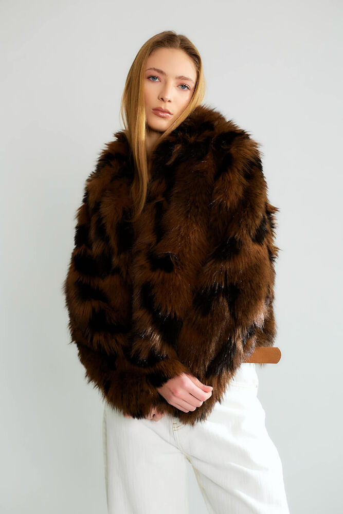 Leopar Desenli Kürk Dokulu Kısa Mont - Kahve - 3