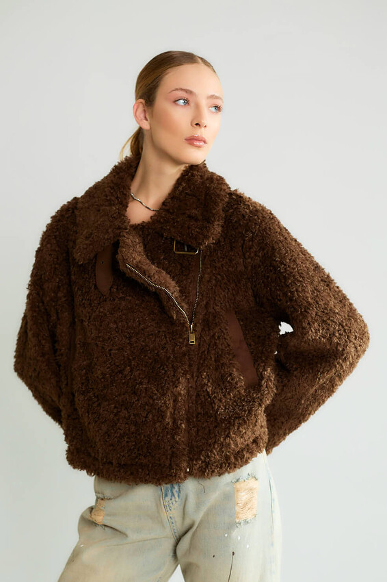 Peluş Dokulu Biker Tokalı Mont - Kahve - 2