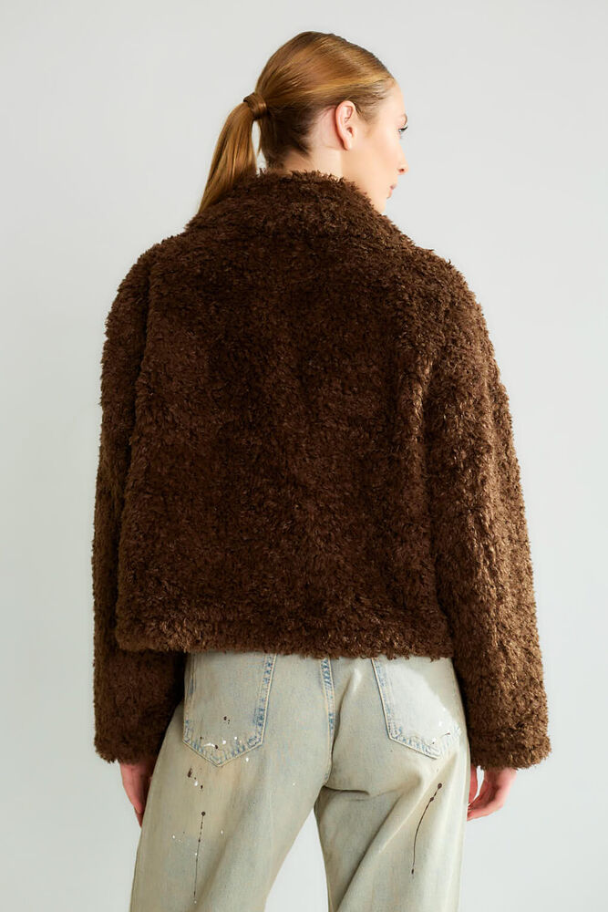 Peluş Dokulu Biker Tokalı Mont - Kahve - 5
