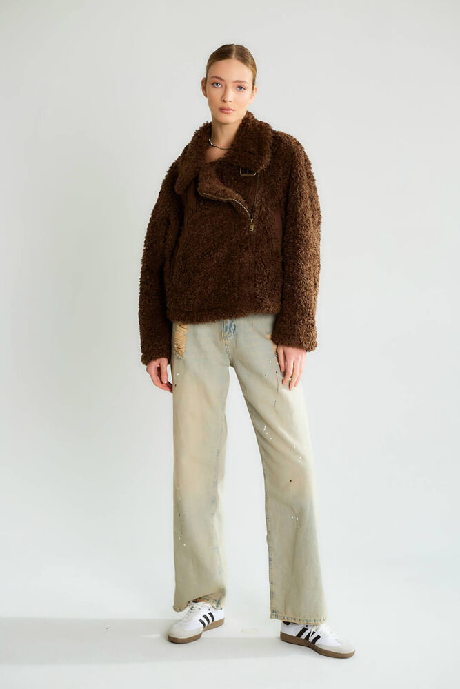 Peluş Dokulu Biker Tokalı Mont - Kahve - 3