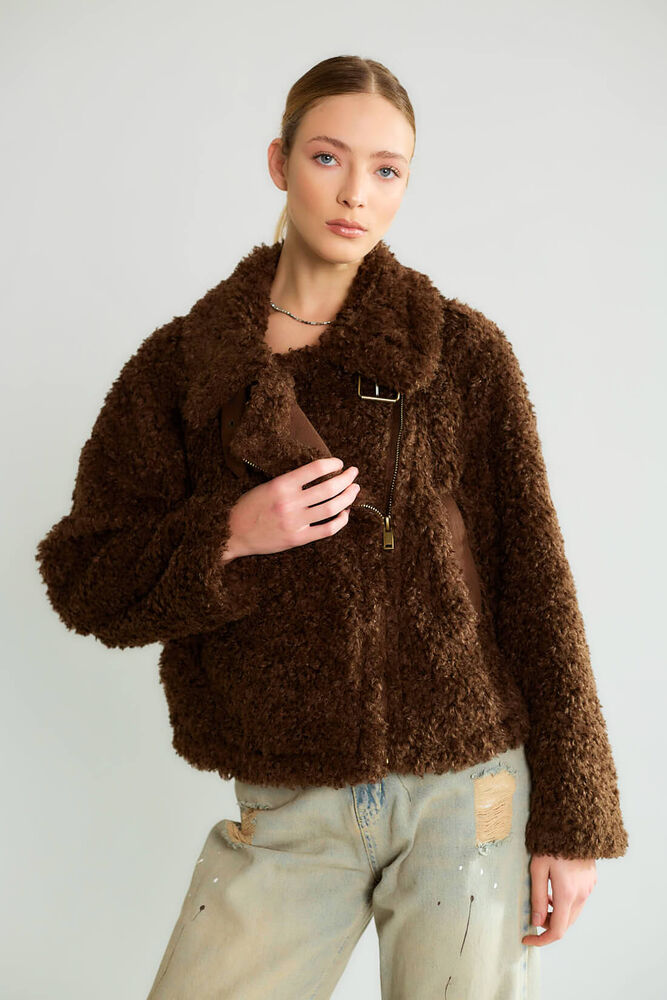 Peluş Dokulu Biker Tokalı Mont - Kahve - 4
