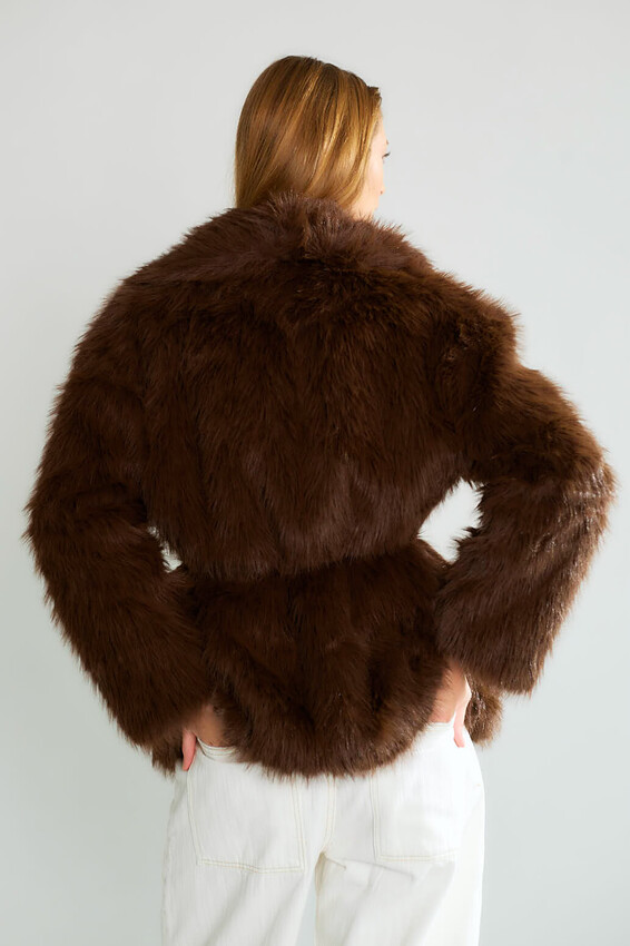 Kürk Dokulu Geniş Yakalı Oversize Mont - Kahve - 4