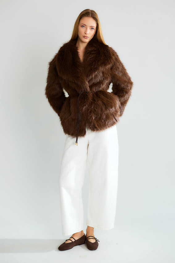 Kürk Dokulu Geniş Yakalı Oversize Mont - Kahve - 2