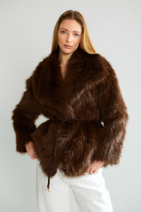 Kürk Dokulu Geniş Yakalı Oversize Mont - Kahve - 3