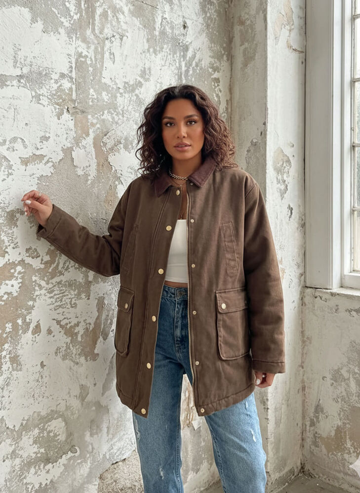 Kadife Yaka Detaylı Cepli Parka - Kahve - 1