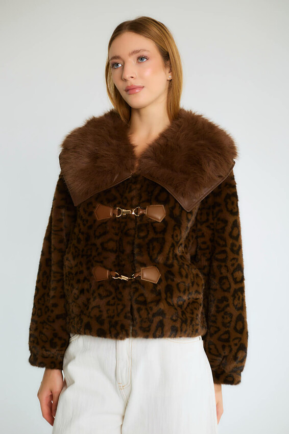 Leopar Desenli Kürk Yakalı Tokalı Kısa Mont - Kahve - 2