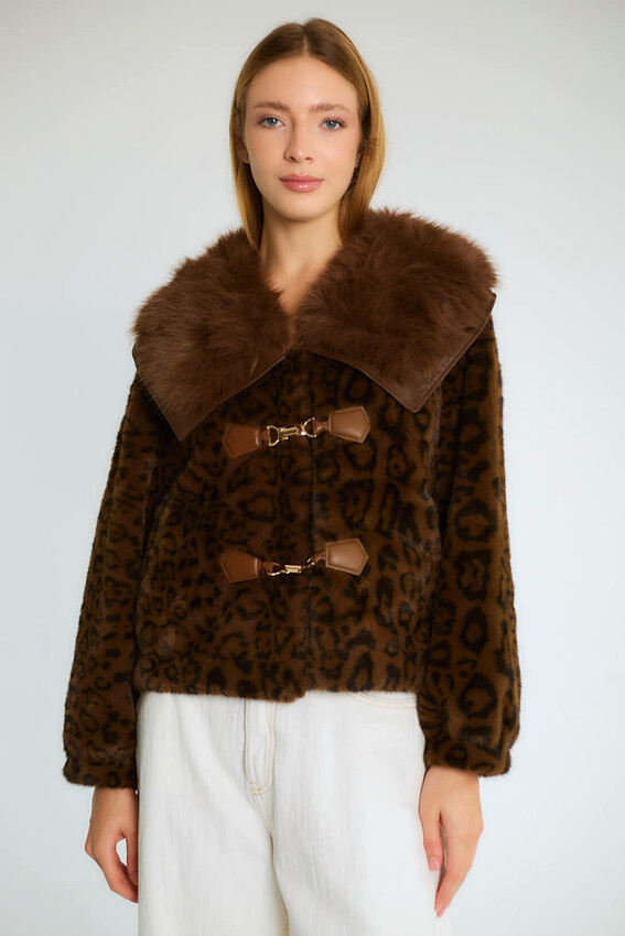 Leopar Desenli Kürk Yakalı Tokalı Kısa Mont - Kahve - 3