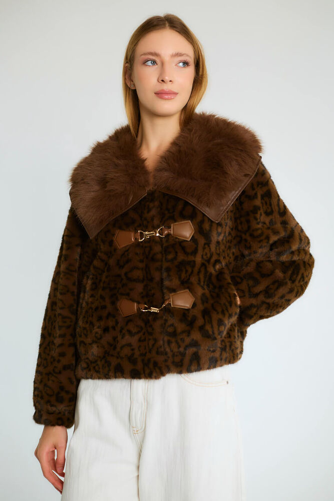 Leopar Desenli Kürk Yakalı Tokalı Kısa Mont - Kahve - 1