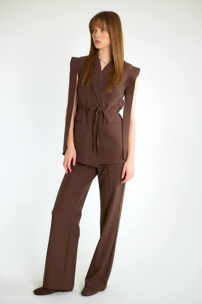 Kuşaklı Kolsuz Blazer Yelekli Pantolonlu Takım - Kahve - 2