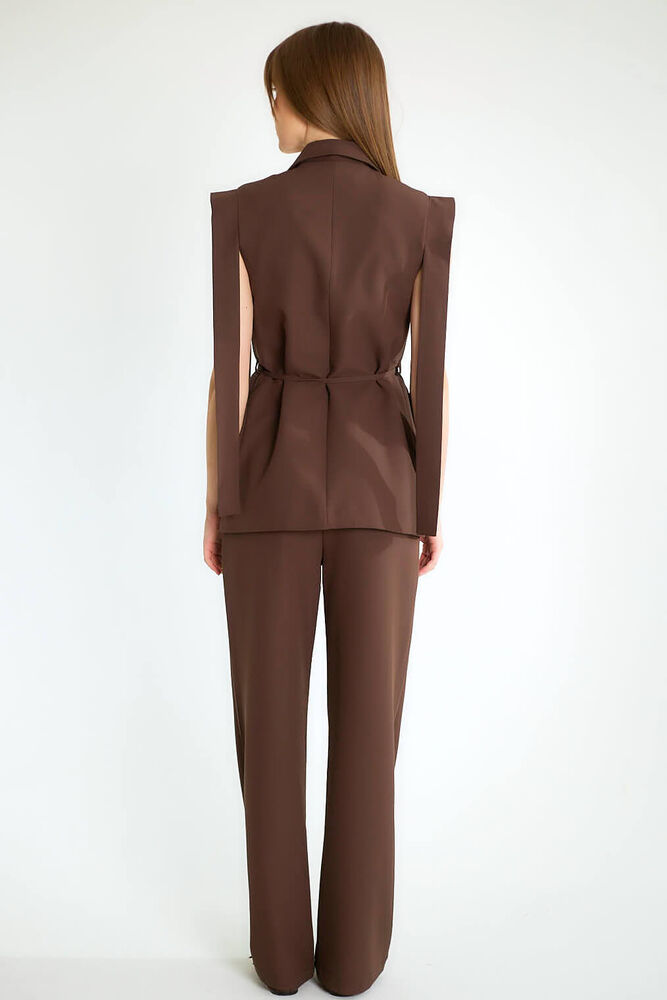 Kuşaklı Kolsuz Blazer Yelekli Pantolonlu Takım - Kahve - 4