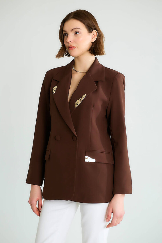 Taş Aksesuarlı Yaka Detaylı Blazer - Kahve