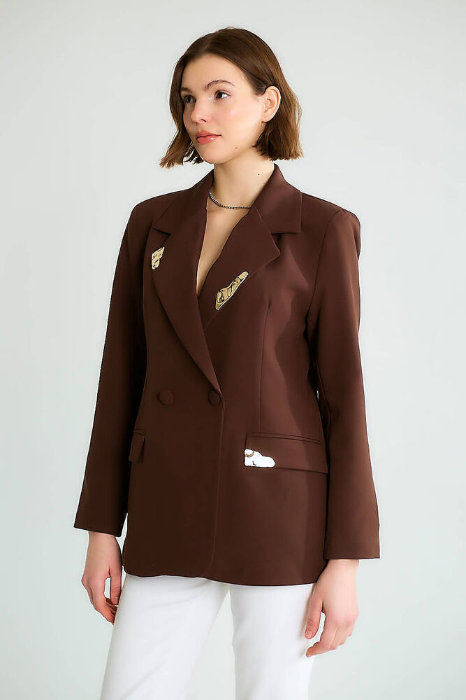 Taş Aksesuarlı Yaka Detaylı Blazer - Kahve - 1