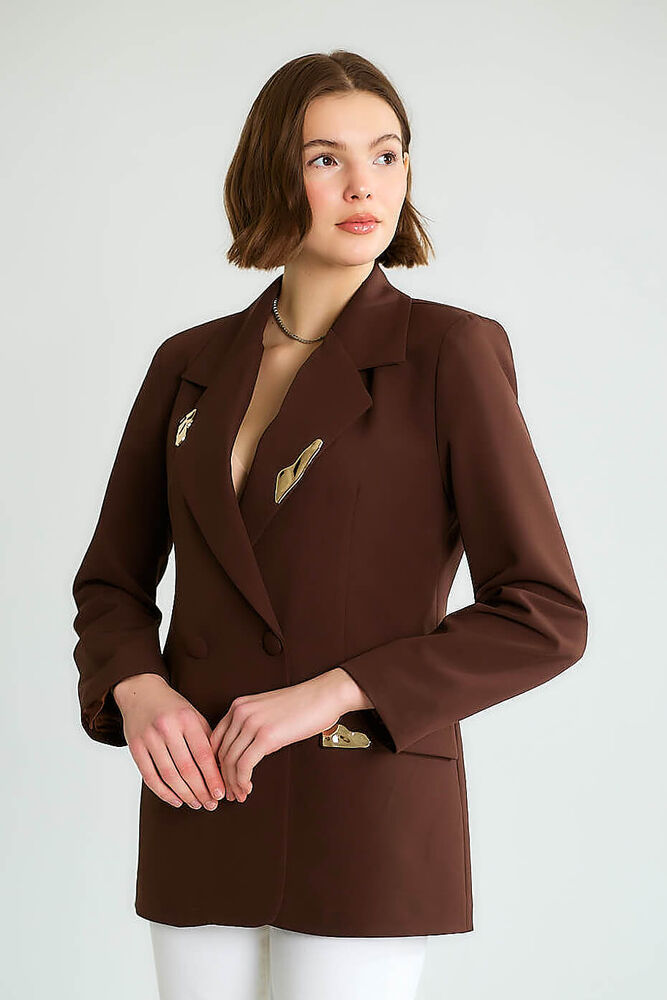 Taş Aksesuarlı Yaka Detaylı Blazer - Kahve - 3