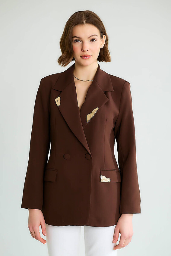Taş Aksesuarlı Yaka Detaylı Blazer - Kahve - 4
