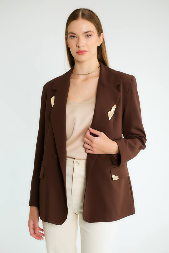 Taş Aksesuarlı Yaka Detaylı Blazer - Kahve - 2